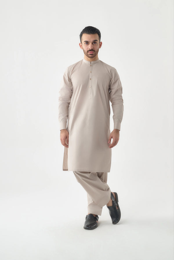 Light Beige Cotton Shalwar Kameez: Premium Quality Fabric with Exquisite Button Detailing